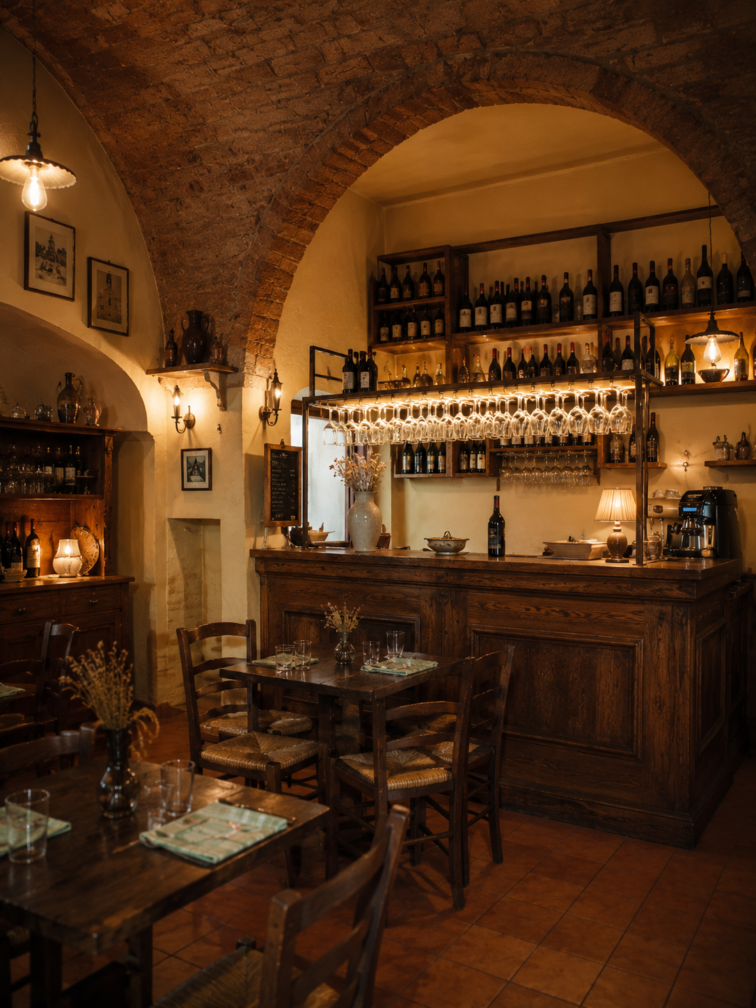 Sala con banco e volta in mattoni della Trattoria Piemontese